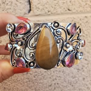 New Mookaite and Rubellite 925 Silver Flowers Cuff Bracelet.